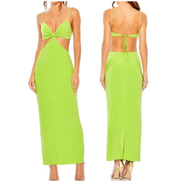 Mac Duggal NWT Strappy Back Side Cutout Maxi Dress Sage Green Size 4 Tie Back - Picture 1 of 8
